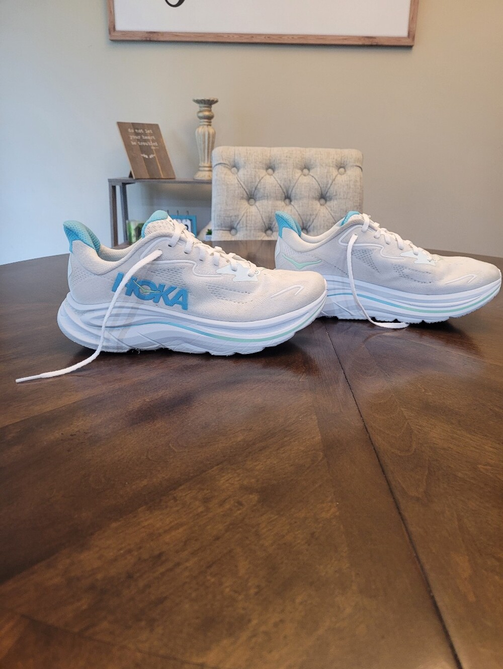 Hoka Clifton 10 White and Aqua Performance Running Sneakers.  Size  9.5B - Picture 2 of 8